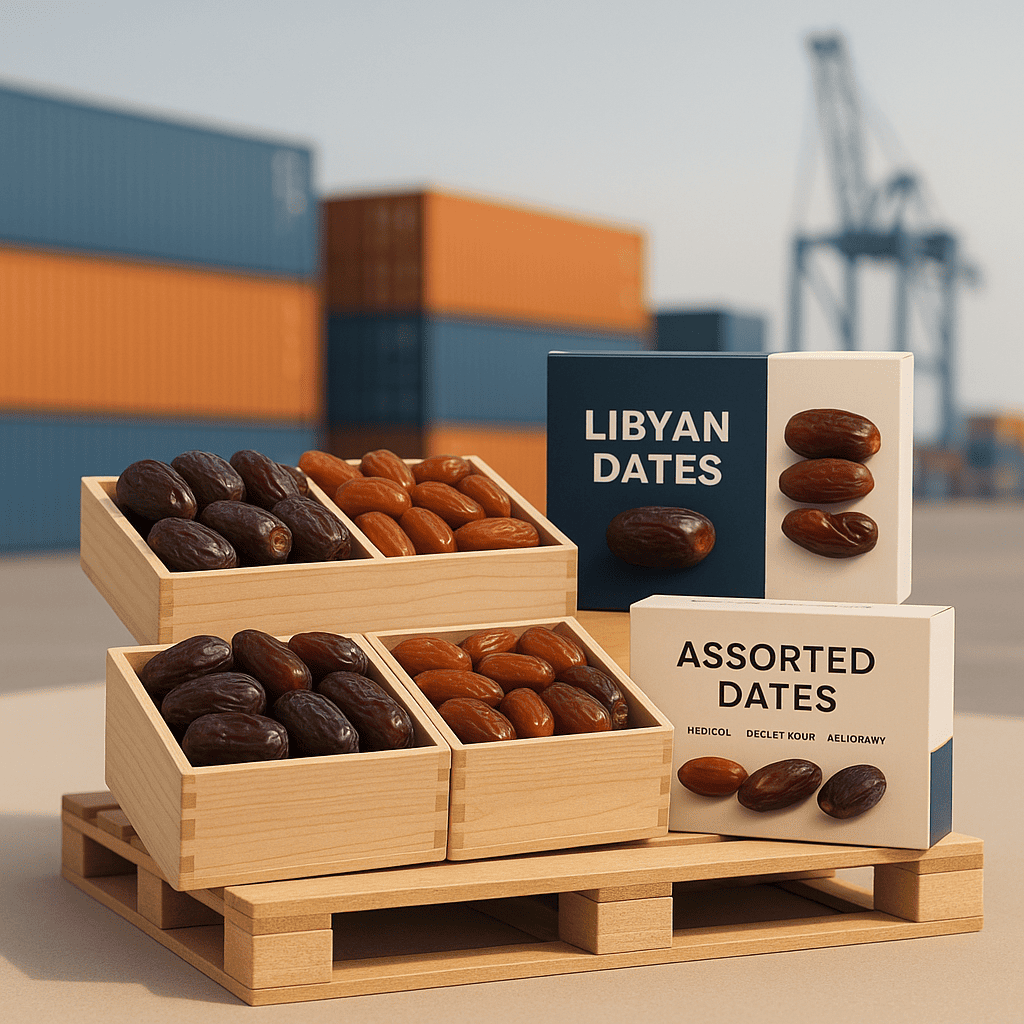 علب تمور ليبية مغلفة وجاهزة للتصدير